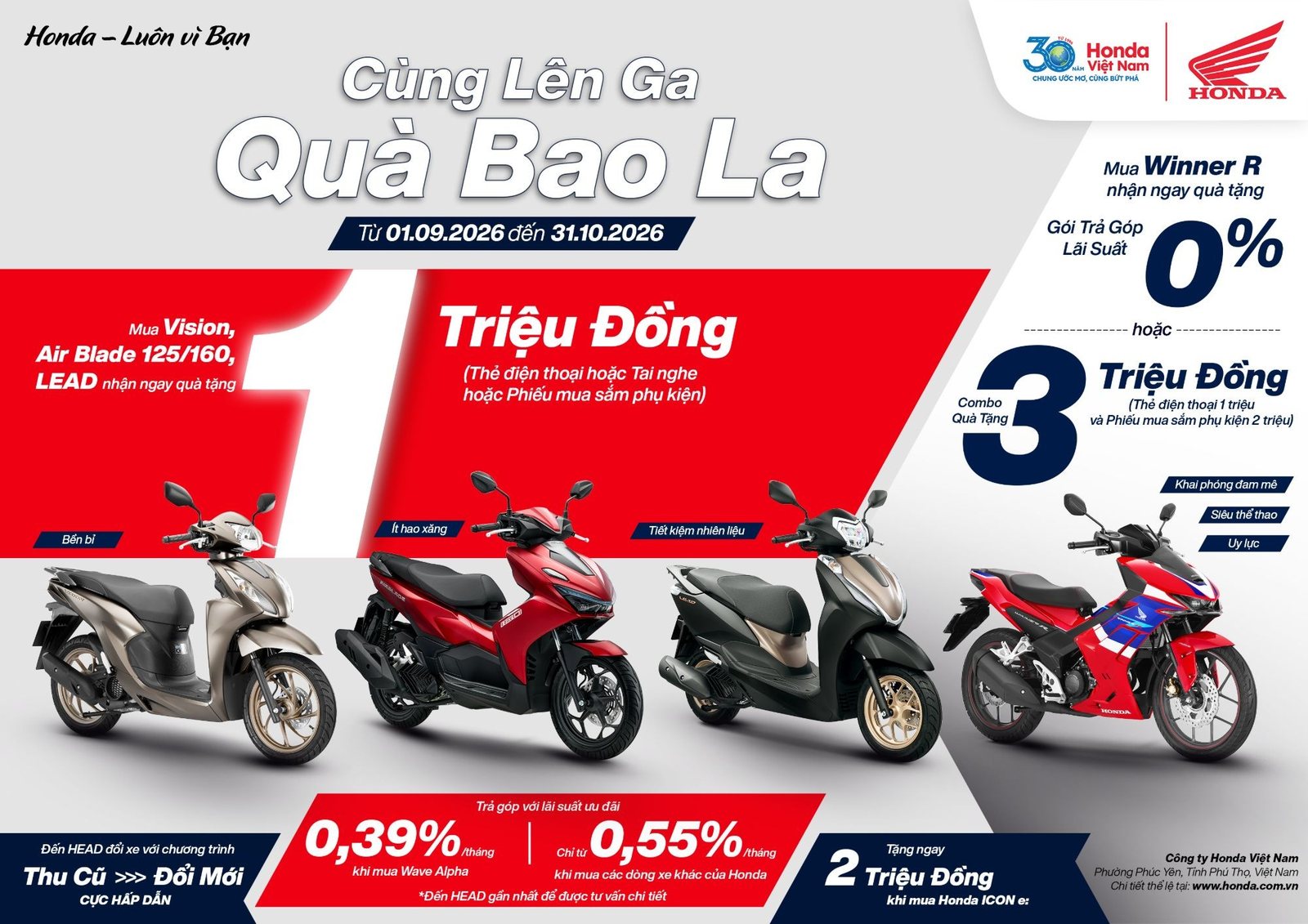 Poster khuyến mãi Honda Cùng Lên Ga Quà Bao La từ 01/09/2026 đến 31/10/2026 tại HEAD Việt Thái Quân