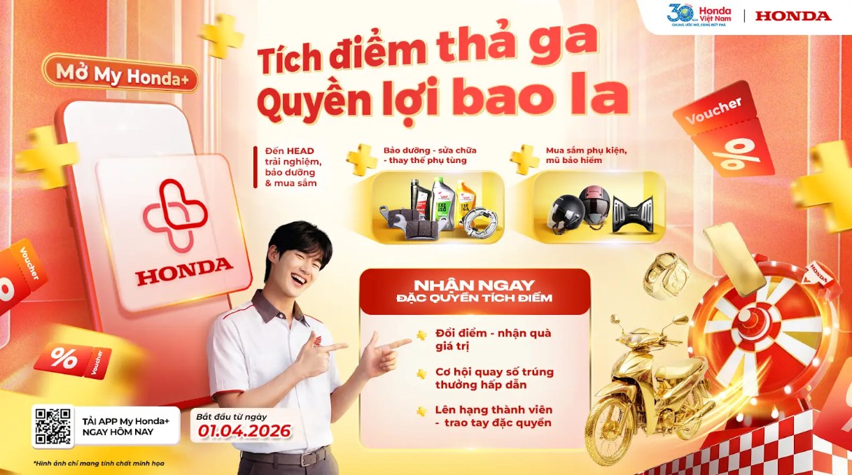 Banner My Honda+ Tích điểm thả ga – Quyền lợi bao la của Honda Việt Nam, áp dụng từ 01/04/2026